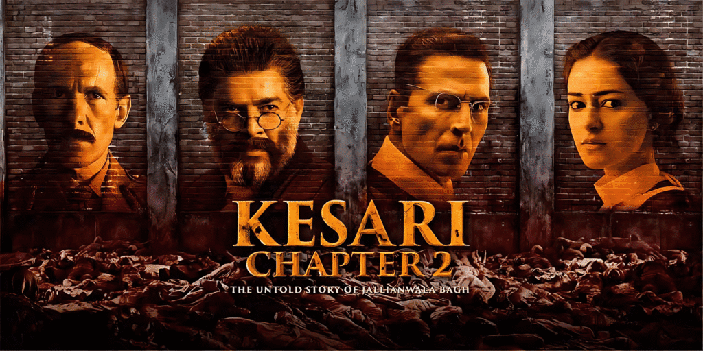 Akshay Kumar as C. Sankaran Nair in Kesari Chapter 2 (2025) movie poster with Jallianwala Bagh backdrop