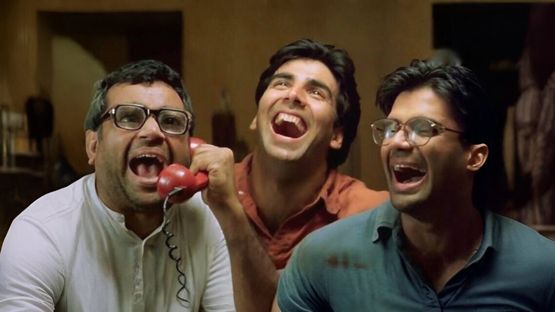 Paresh Rawal as Baburao with Akshay Kumar and Suniel Shetty in Hera Pheri 3 promotional still