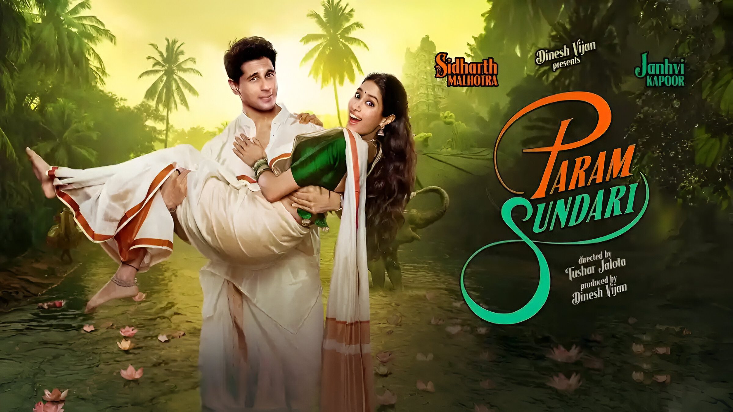 Sidharth Malhotra and Janhvi Kapoor in Param Sundari (2025) movie poster with Kerala backwaters