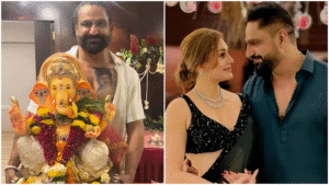 Parag Tyagi performing aarti for Ganpati Bappa in front of Shefali Jariwala’s portrait during Ganesh Chaturthi 2025